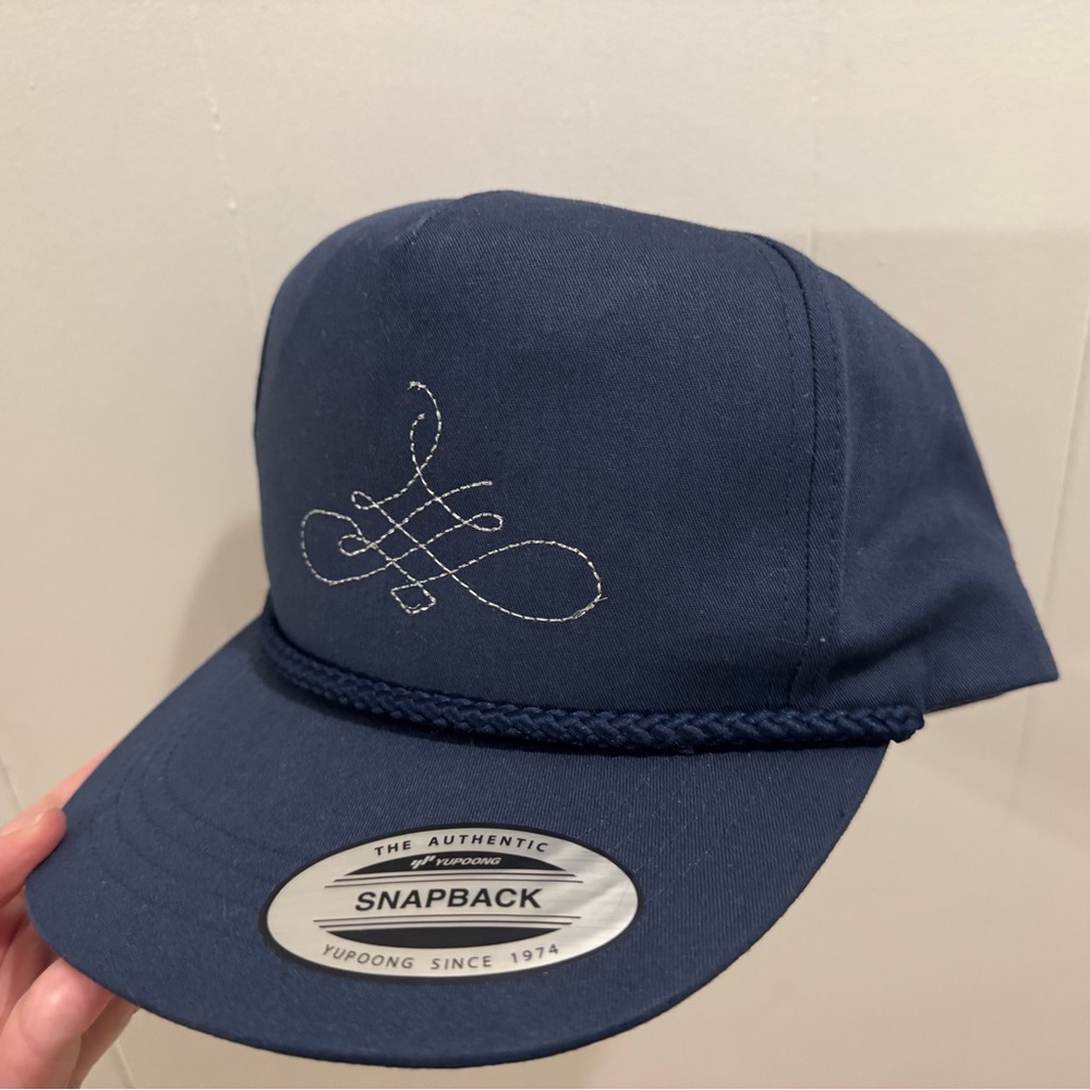 YP Classics Yupoong Navy Blue Snapback Rope Hat Abstract Embroidery Accent